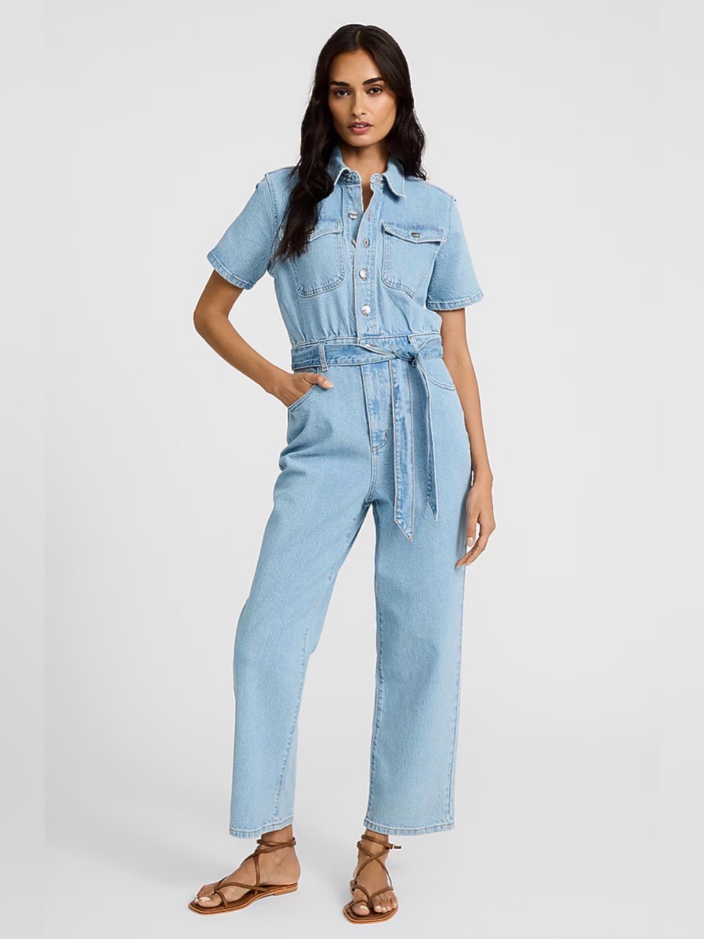 Express Blue Light Wash Short Sleeve Straight Leg Belted Denim Jumpsuit L Nwt